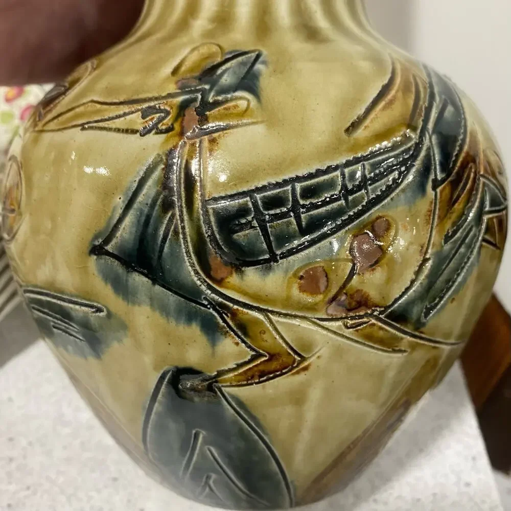 Vintage Mid Century Art Pottery Vase Drip Glaze Incised Brutalist Okinawa Japan